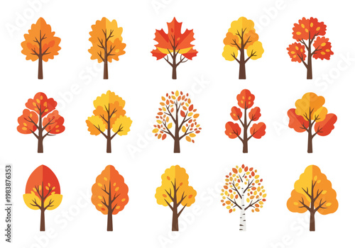 Collection of stylized trees showcasing vibrant autumn foliage in warm hues of orange, yellow, and red, perfect for seasonal designs