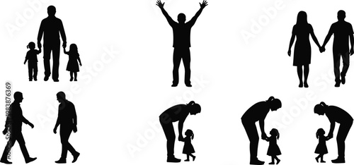 Parental silhouettes of fathers mothers and children interacting in loving moments.