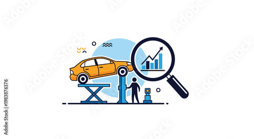 Automotive repair service graphic shows a car on a lift with a mechanic and a magnifying glass over a growth chart.