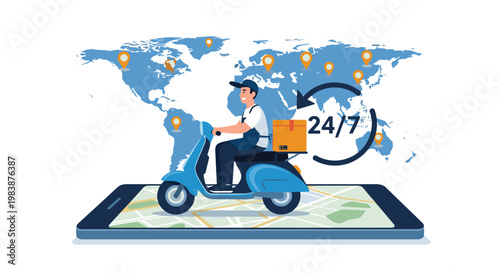 Global shipping illustration features a courier on a scooter over a smartphone map against a world map with location markers.