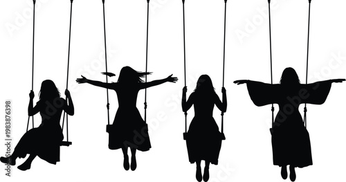 Silhouettes of young women swinging on swings with arms outstretched against a transparent background.