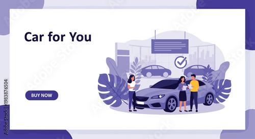 Car dealership advertisement features people looking at vehicles in a purple showroom with a buy now button.