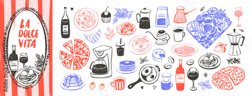 Doodle sketch mediterranean Italian brunch ink illustration set. Hand drawn whimsical isolated png clipart. Hand drawn Italian pizza and pasta, coffee, wine and eggs for breakfast. Retro ink clipart.