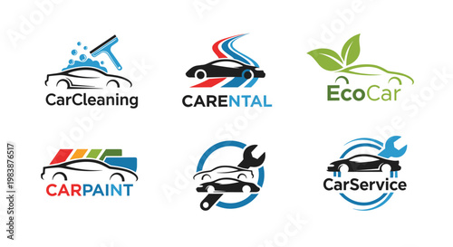 Set of six automotive service logo designs features car cleaning, rental, eco car, paint, repair, and general maintenance.