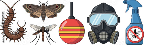 Pest Control and Insect Protection Tools Featuring Insects, Mosquito Spray, Gas Mask, and Fly Trap for Home and Outdoor Use