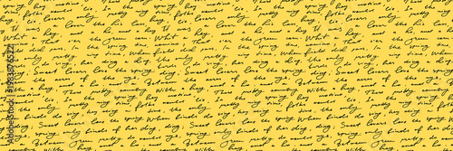 Cursive script text seamless pattern on bright yellow background. Handwriting pen cursive poem background. Vintage colorful old paper scribble text with script calligraphy illegible words.