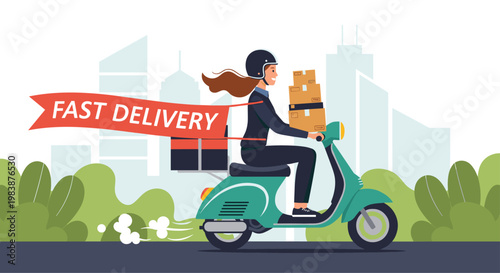 Fast delivery service concept shows a female courier on a scooter carrying packages and a large red banner.