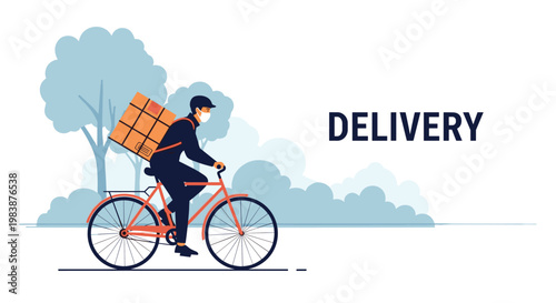 Delivery person wearing a face mask rides a red bicycle with a large package on their back through a park.