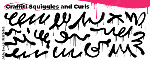Spray paint squiggle graffiti lines with drips and ink splatters. Hand drawn spray paint curly strokes, squiggly bold lines for collage, street art or urban design. Vector messy ink brush strokes.
