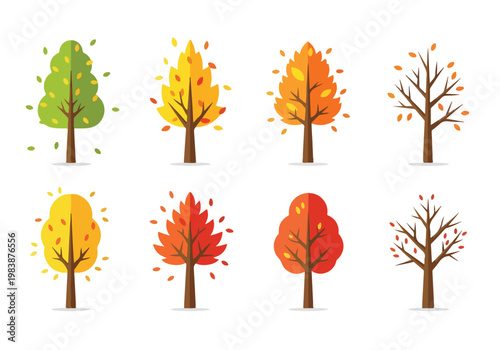 A collection of stylized trees showing the progression of seasons, from lush green to bare branches, with autumnal hues in between