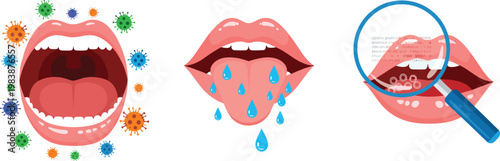 Mouth Infection and Oral Hygiene Illustration Set with Germs Droplets and Dental Examination for Healthcare Awareness and Medical Design