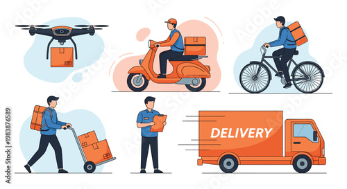 Modern logistics network shows various shipping methods including drone flight bicycle courier and express delivery truck.