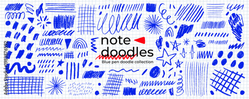 Blue ball pen scribble, squiggle and note doodle collection. Hand drawn blue pen grids, straight strokes, squiggly underlines, and star shapes. Notebook and journal doodle scribble for school design.
