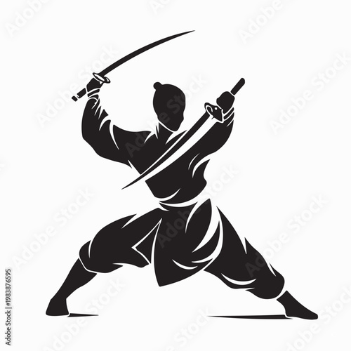 Wushu Sword Pose Logo Vector Illustration On White Background