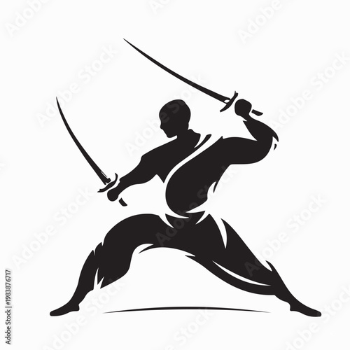 Wushu Swordsman Action Pose Logo Vector On White Background