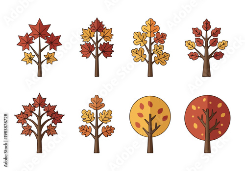 Collection of diverse stylized autumn trees with colorful foliage, perfect for seasonal and natural themes