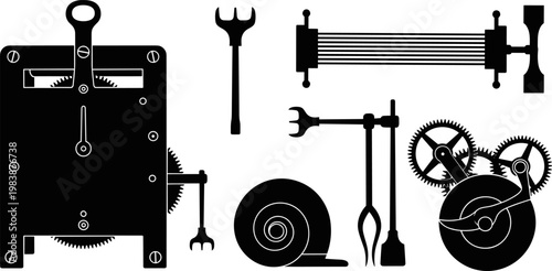 Vintage clockwork mechanism silhouettes, antique clock gears, internal mechanical parts, metal hardware tools, horology equipment, historical timekeeper 