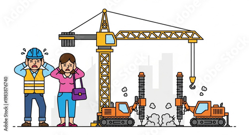 Construction Site Noise Disturbance with Workers and Residents.