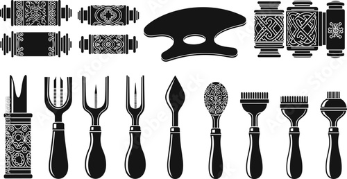 Vector set of leather craft tool silhouettes, ornate stamping rollers, burnishers, pricking irons, and groover kit for professional leatherworking design and artisan hobby.