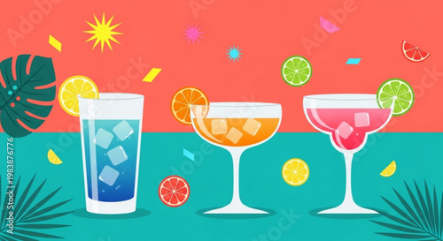 Colorful cocktails with ice and citrus fruits on a vibrant tropical background with palm leaves