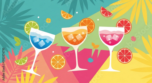 Colorful cocktails with ice and citrus slices on a vibrant tropical background with palm leaves