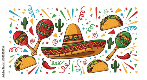 Vibrant mexican fiesta elements with sombrero tacos maracas and chili peppers in colorful celebration