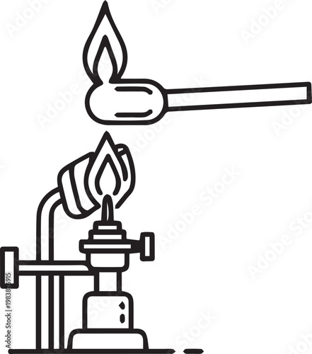 Detailed line art illustration of a laboratory experiment showing a match flame heating a glass test tube on a stand for scientific education