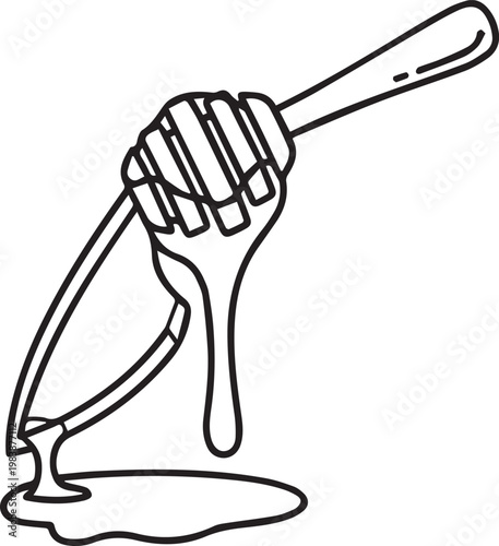 Honey dipper drizzling fresh golden honey line art icon