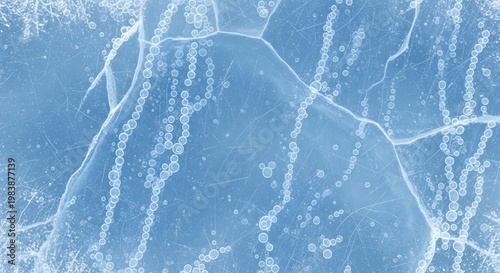 Close-up Macro View of Cracked Blue Ice Texture with Air Bubbles.