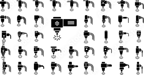 Set of industrial laser cutting machine head silhouettes, CNC plasma cutter nozzles, robotic metal engraving tools, and fiber laser welding equipment icons for manufacturing, 2026.