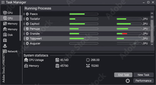 Computer task manager window with system statistics and running processes