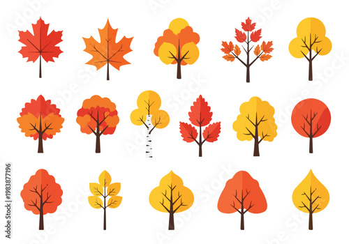Vibrant collection of stylized autumn trees with colorful foliage in shades of red, orange, and yellow, perfect for seasonal design