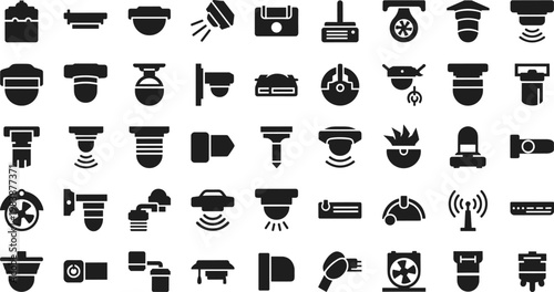 Security system icons set, black silhouettes of CCTV surveillance cameras, fire alarms, motion sensors, wireless network routers, and smart home protection hardware equipment, isolated on white.