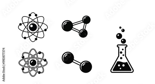 Abstract atomic structures and laboratory equipment in black silhouette