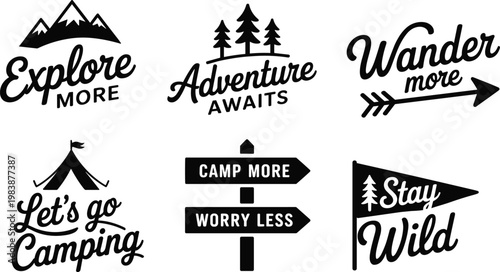 Black and White Adventure and Camping Typography Graphics Set Keywords: adventure, explore, wander, camping, outdoors, nature