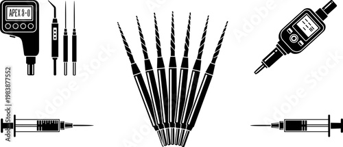 Professional dental endodontic equipment set featuring apex locator electronic devices syringes and various root canal files silhouettes isolated on white background for medical design