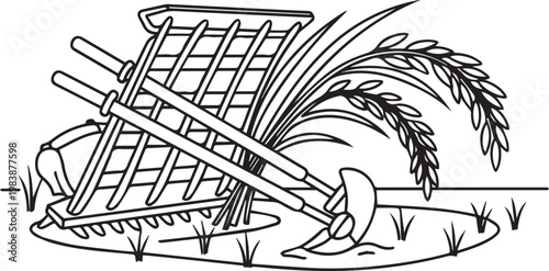 Traditional wooden plow and wheat stalks line art illustration for farming and agricultural harvest concepts isolated on white background for design