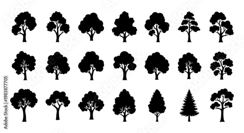 diverse silhouette trees collection organic nature growth in rows simple vector art