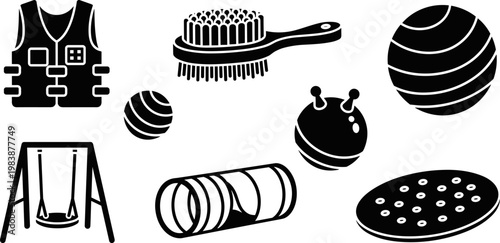 Occupational therapy sensory equipment set with weighted vest, body brush, exercise ball, swing, tunnel, and tactile mat silhouettes for integration and pediatric development