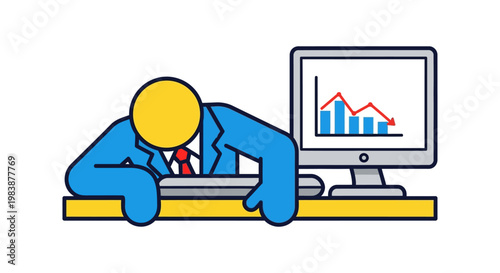 business failure financial crisis economic recession stressed businessman slumps at desk watching market downturn.