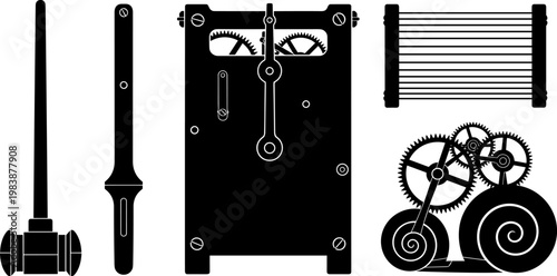 Mechanical clockwork internal mechanism silhouettes set, antique pendulum clock gears, vintage watch movement parts, 