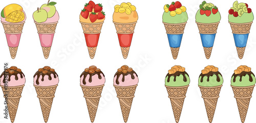 Ice Cream Cone Illustration Set with Different Flavors Toppings and Colors for Dessert Menu Design and Sweet Food Collection