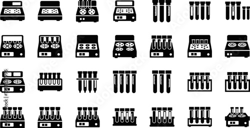 Laboratory PCR Thermal Cycler and Test Tube Silhouette Icons Set, Scientific Research Biotechnology Equipment for DNA Analysis, Medical Diagnostic Tool Vector Illustration