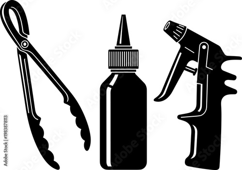 Industrial workshop tool silhouettes set featuring mechanical spray gun, lubricant squeeze bottle, and metal tongs isolated on white background for professional technical equipment design.