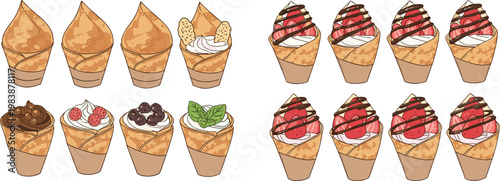 Crepe Dessert Illustration Set with Different Fillings Toppings and Chocolate Strawberry Variations for Sweet Food Menu Design Collection