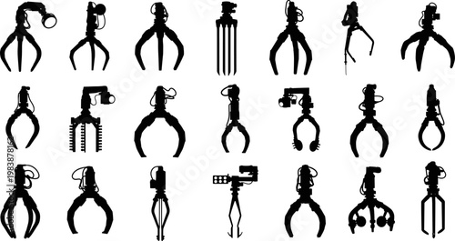 Industrial robotic arm silhouettes and hydraulic crane claw grabber icons set, mechanical scrap metal grapple collection for construction, heavy machinery engineering and recycling technology vector.
