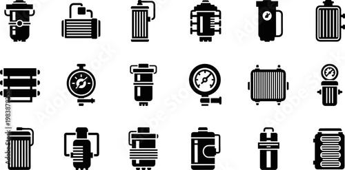 Industrial filtration and hydraulic system icons, professional oil filter silhouettes, pressure gauge symbols, and cooling radiator technical equipment for engineering or manufacturing vector design.