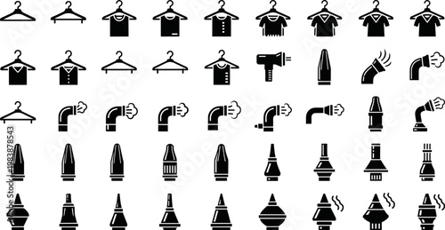 Garment Steamer Nozzles and Clothes Hangers Silhouette Collection for Laundry Care, Apparel Maintenance, Textile Ironing Equipment, Professional Steam Cleaning Tools, Industrial Design Icons.