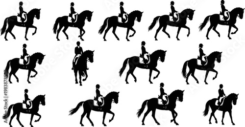 Equestrian dressage silhouettes collection featuring professional riders on horses performing various gaits, elegant horse riding movements, competitive sports vector icons 