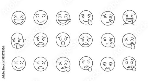 Collection of various emoticon faces expressing different emotions and reactions in a simple line art style on a white background